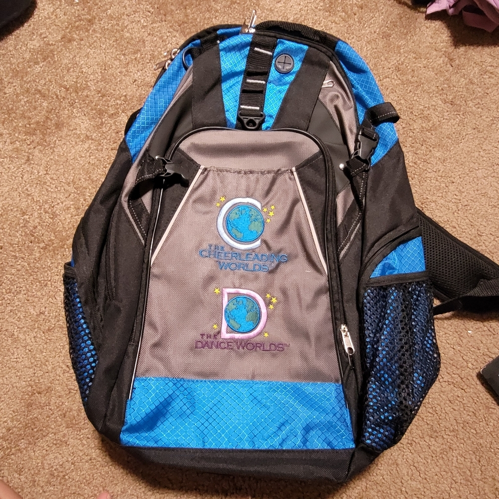 Blue and Black Backpack With Cheer And Dance Worlds Design